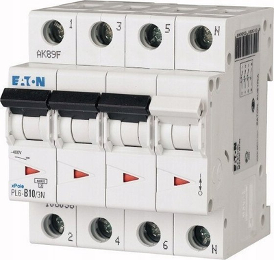Ndërprerës automatik Eaton PL6-D10/3N, 3P+N, 10A 6kA, i bardhë