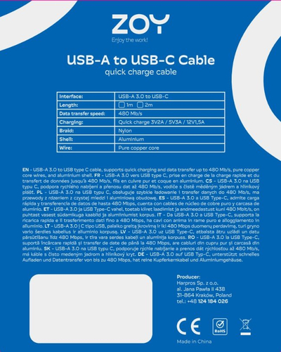 Kabllo ZOY USB-A - USB-C, 2m, e zezë / argjendtë