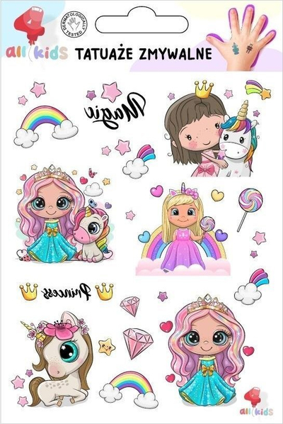 Tatuazhe të larshme për kalamaj All4Kids Princesses Unicorns, set për zbukurim, shumëngjyrëshe