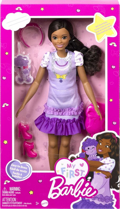 Kukull Barbie My First Brooklyn, trup i butë, me qenush lodër, vjollcë