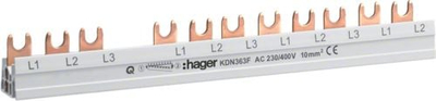 Поврзувачка шина Hager KDN363F, 3P 63A, 10mm², вилушест тип