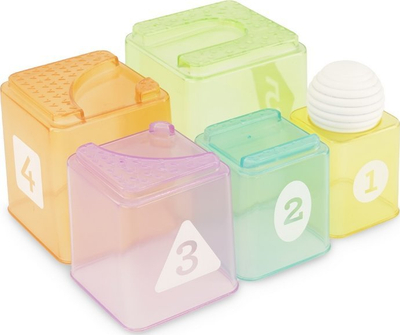 Set gotsash që futen brenda njëra-tjetrës për kalamaj Infantino B Kids, 5 kupa, me top, shumëngjyrëshe