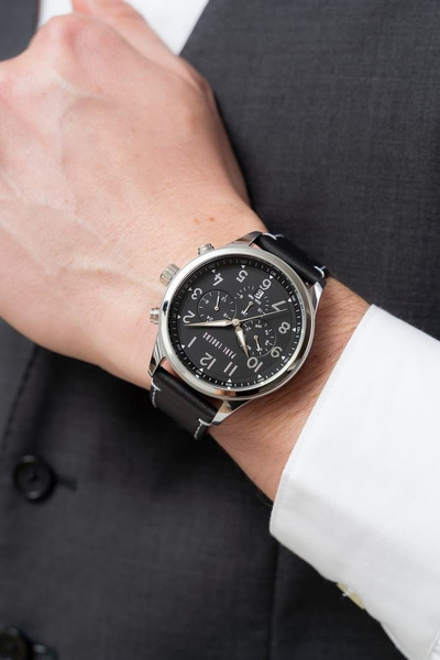 Ora burrash Paul Lorens PL20011A-1A1, kuarc, rrip lëkure, e zezë