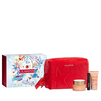 Set për kujdes ndaj lëkures Clarins Extra-Firming Collection, krem dite për fytyrë 50 ml + krem nate për fytyrë 50 ml + maskarë për qerpikë 3 ml + çantë kozmetike