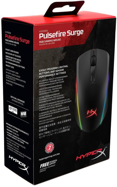 Maus HyperX Pulsefire Surge RGB (HX-MC002B), 1000 Hz, 1.8 m, i zi 
