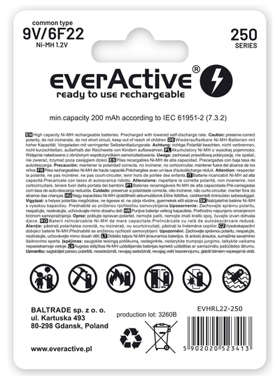 Bateri rikarikueshme EverActive Silver Line 9V, 250mAh, litium, e bardhë