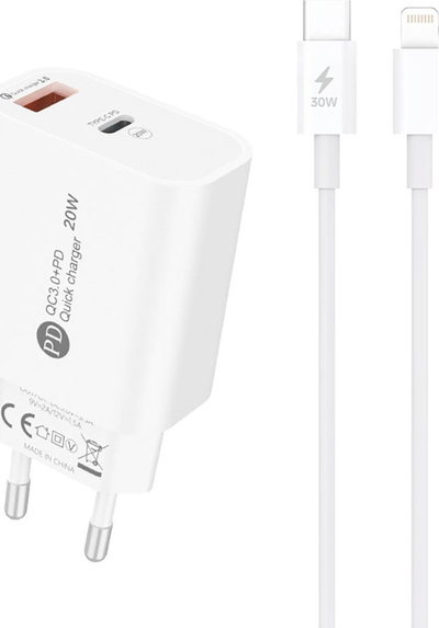 Полнач за мрежа HurTel A6MaxL, 20W, USB A и USB C со кабел Lightning 1m, бел