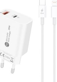 Karikues rrjeti HurTel A6MaxL, 20W, USB A dhe USB C me kabllo Lightning 1m, i bardhë