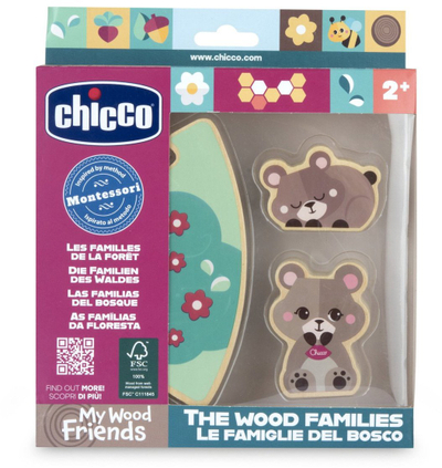 Set lojërash druri Chicco Wooden Set 2 Bears Mum, 2 figurina, puzzle, shumëngjyrësh
