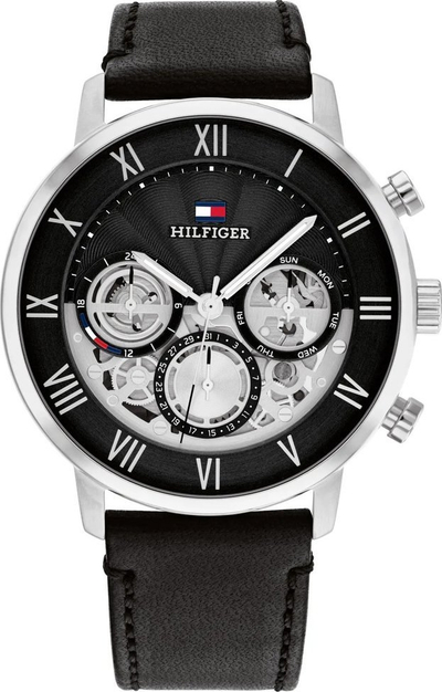 Orë dore Tommy Hilfiger 1710565, kronograf për burra, 44mm, me rrip lëkure të zezë