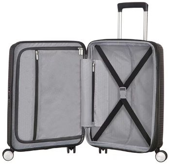 Кабински куфер American Tourister Soundbox, полипропилен, со проширување, црн