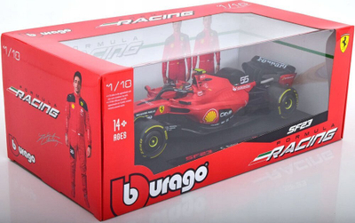 Model makine Bburago Ferrari SF-23 F1 2023 Sainz, shkall 1:18, me helmetë, e kuqe