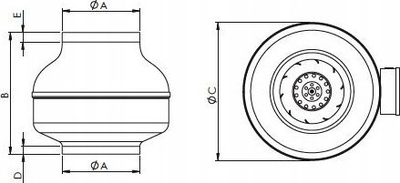 Ventilator centrifugal VENTI VKMZ125, presion i lartë, në kuti çeliku, gri