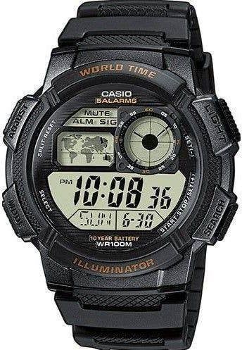 Orë dore Casio AE1000W 1A World Time, digjitale, rezistente në ujë 100m, e zezë