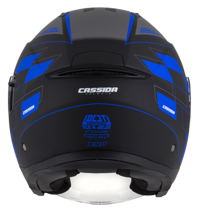 Helmetë moto CASSIDA Jet Tech RoxoR, vizor me syze dielli, black matt blue grey white