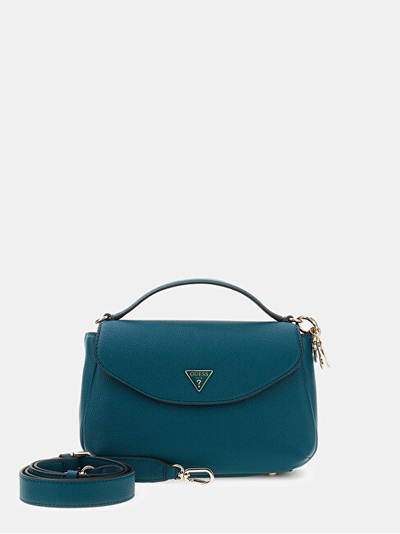 Çantë dore GUESS Evie Top Handle Flap, kompakte, ngjyrë teal