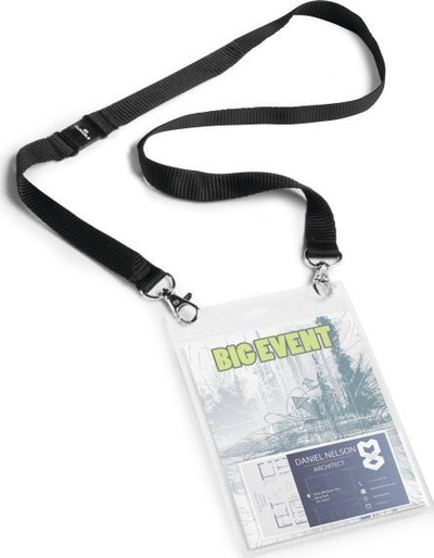 Badge qafe Durable Event Badge A6, me mbajtëse transparente, i zi