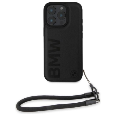 Mbulesë telefoni BMW Signature Leather Wordmark Cord për iPhone 16 Pro Max 6.9", lëkurë, e zezë