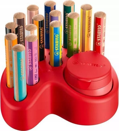 Сет дрвени бои STABILO Woody 3 во 1 Desk, 15 парчиња, со стругалка со сад, повеќебоен