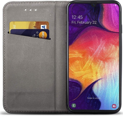 Kaburë librë për telefon Realme C25Y, me magnet, me xhep kartash, e zezë