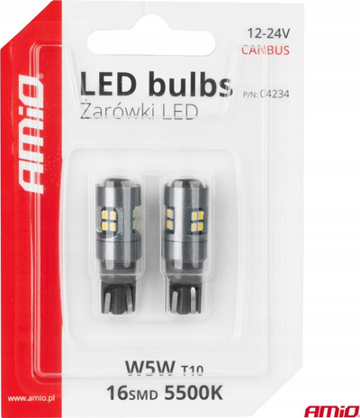 Llambë LED CANBUS AMiO T10 W5W 16SMD, 12V 24V, 6000K, e bardhë