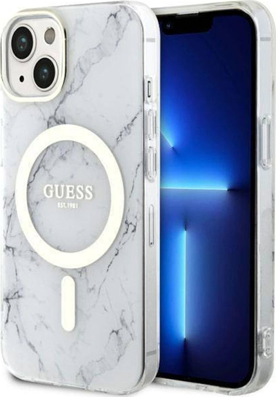 Mbulesë telefoni Guess Marble MagSafe për iPhone 14, PC TPU, e bardhë