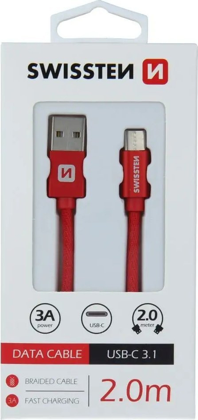 Кабел за податоци Swissten USB A во USB C, 2 m, пренос 3A, црна