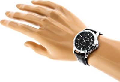 Ora dore për meshkuj analog, çelik inox, rrip lëkure, e zezë