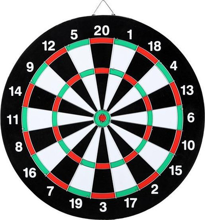 Set loje shigjetash, tabelë dyanshme 38 cm, 6 shigjeta çelik, bardh e zi