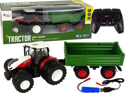 Lodër traktor me telekomandë Leantoys 1:24, me rimorkio, i kuq me jeshile