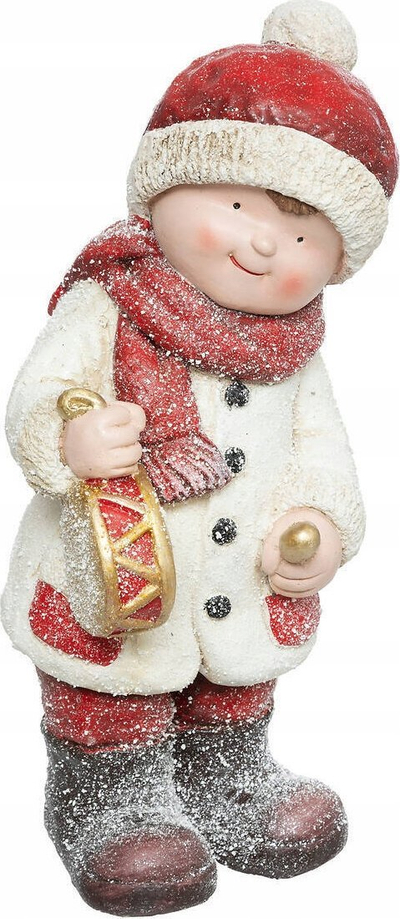 Figurë zbukuruese Feeric Christmas çun muzikant, 42 cm, efekt bore, e kuqe e bardhë