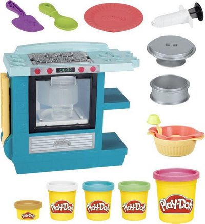 Set lodër Play Doh Kitchen Creations Rising Cake Oven, me furrë torte, 5 kanaçe, shumëngjyrësh