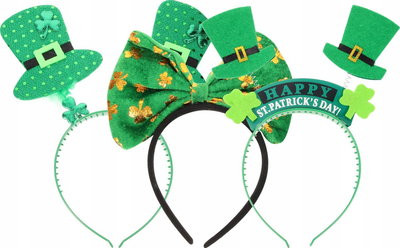 Rripa feste për kokë St. Patrick, set 3 copë, me motive leprechaun, jeshile
