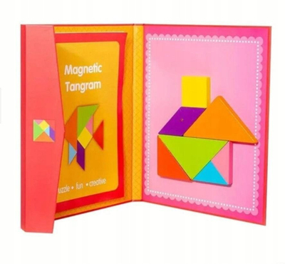 Lodër puzzle tangram magnetik, 7 pjesë druri, libër edukativ, shumëngjyrëshe