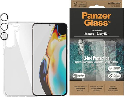 Paketë mbrojtëse PanzerGlass 3 në 1 për Samsung Galaxy S23+, xham ekrani, hardcase i tejdukshëm