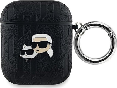Mbulesë AirPods Karl Lagerfeld PU me reliev Karl dhe Choupette, për AirPods 1/2, me unazë, e zezë