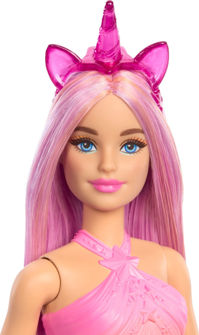 Kukull Barbie Unicorn Mattel, me flokë rozë ombre, me gjonxhe unicorn, shumëngjyrëshe