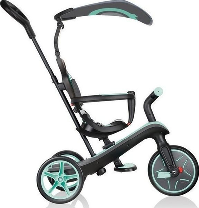 Tricikël për kalamaj Globber Explorer 4‑në‑1, me mbështetëse koke, me çati kundra rrezeve UV, ngjyrë mint jeshile