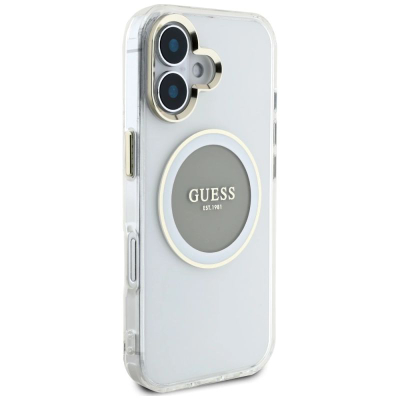 Футрола за телефон Guess IML Metal Circle MagSafe, за iPhone 16 6.1", проѕирна сива