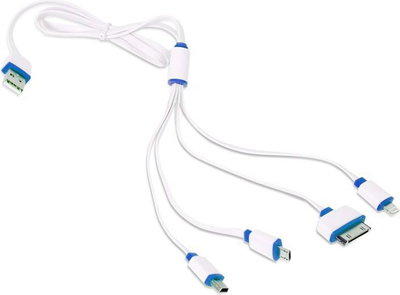 Kabllo karikimi Omega Universal 4 në 1, 1m, USB me micro USB mini USB Lightning, e bardhë blu