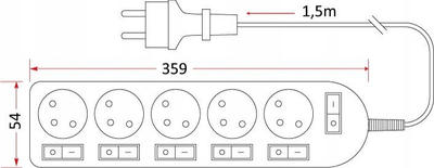 Zgjatës prizash PM-5-3-1.5+6W, 5 dalje, kabllo 1.5m, i bardhë