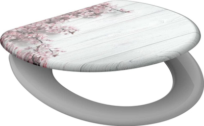 Седиште за ВЦ Schütte FLOWERS &amp; WOOD, soft close, универзална форма, дизајн дрво со розови цветови