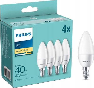 Llambë LED Philips Classic, sa një 40W, me bazë E14, set me 4 copë, e bardhë matt