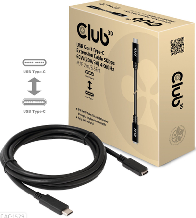 Kabllo USB Club 3D USB-C në USB-C, 1 m, 5 Gbps, e zezë