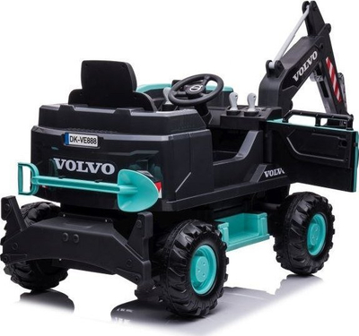 Eskavator elektrik për kalamaj Volvo, me goma të mëdhaja, me krah gërmimi që punon, i zi me jeshile
