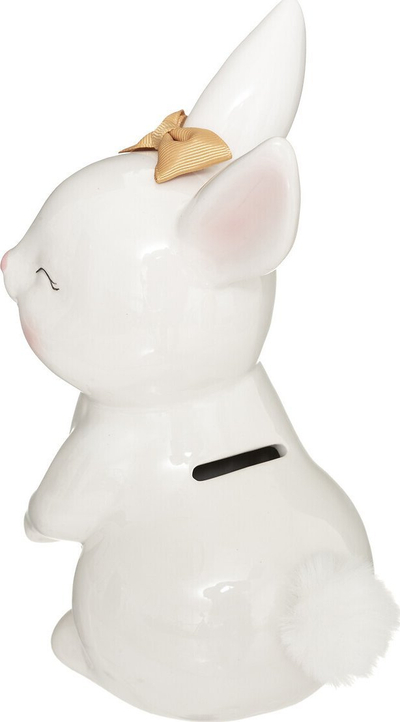 Kasiolë kursimesh për kalamaj Money Box, lepurush qeramike 22cm, i bardhë me fjongo të verdhë