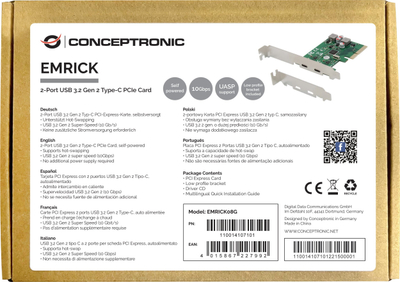 Kartë PCIe Conceptronic EMRICK, 2 porta USB 3.2 Gen 2 Type C, 10 Gbps