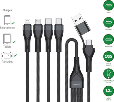 Kabllo karikimi 4smarts 4n1, 1.2m, USB C, Lightning, micro USB, e zezë
