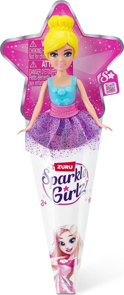 Kukull ZURU Sparkle Girlz Mini Pop, në paketim si kornet akulloreje, me flokë dhe fustan shumëngjyrësh