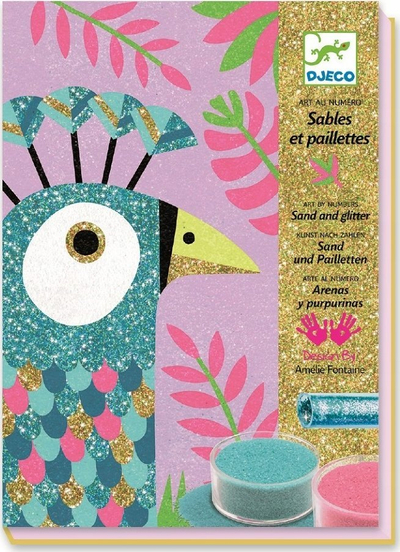 Set arti për krijime Djeco Sand and Glitter Dazzling Birds, 4 tablo me rërë dhe shkëlqim, shumëngjyrësh